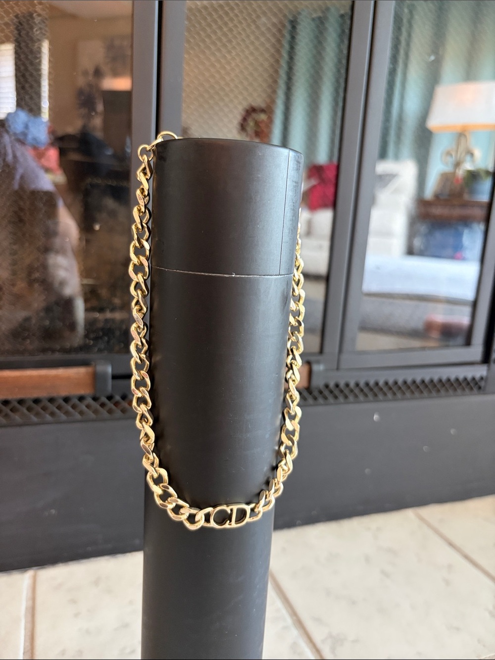 Gold Tone Chain Necklace with Interlocking CD Logo Accent